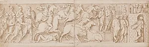 Romerske bueskytter(?), romersk angreb; Marcus Aurelius taler til sin garde; Marcus Aurelius modtager et varsel by Giovanni Guerra
