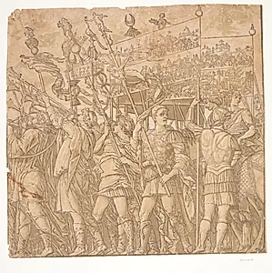 Romerske soldater med bannere, der afbilder Julius Cæsars sejre by Andrea Andreani