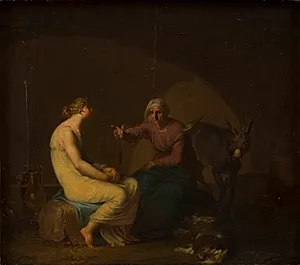 Røverbandens husholderske trøster den unge pige ved at fortælle myten om Amor og Psyche. Motiv fra Apulejus: Det gyldne æsel by Nicolai Abildgaard