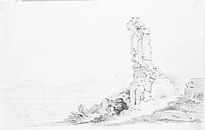 Ruin i forgrunden af landskab med akvædukt (Claudius' akvædukt, Monte Cavo i baggrunden).