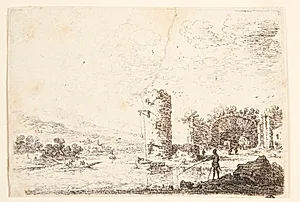 Ruiner med et tårn ved en flodbred by Herman Saftleven