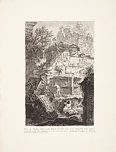 Ruinerne af en antik grav foran ruinerne af en antik akvædukt, over hvilken ses kanalen, som ledte vandet til Rom ... by Giovanni Battista Piranesi