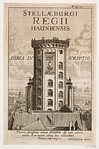 Rundetårn i København. Illustration til Thomas Bang, "Phosphorus inscriptionis Hierosymbolicæ paræneticus & ...", 1657