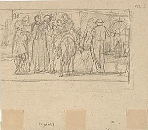 Rygvendte figurer, en til hest (Den Hellige Familie?) by Wilhelm Marstrand