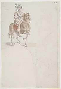 Rytter i romersk dragt med fjerprydet hjelm. Desuden to svage rødkridtsrids af stående og halvknælende mænd. by Jacques François Joseph Saly