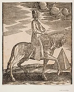 Rytter med drikkeflaske om halsen; profil t.h., et sværd langs højre side og baggage draperet om sadlens forreste del; i baggrunden t.h. en pyramide by Melchior Lorck