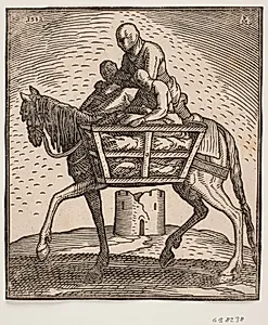 Rytter med hætte trukket ned over ansigtet; på hver af hestens sider en tremmekasse, hvori der sidder et menneske; profil mod v.; under hesten ses et ruineret, cylindrisk tårn by Melchior Lorck