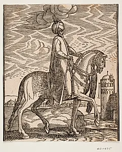Rytter med turban; kølle hængende ved hestens højre side; profil t.h.; i baggrunden t.h. en mur med en port og et rundt tårn by Melchior Lorck