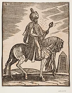 Rytter med turban, sværd langs den højre side og kølle i venstre hånd, profil t.h.; i baggrunden en obelisk by Melchior Lorck