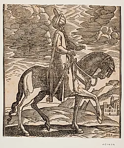Rytter med turban, sværd langs den højre side og profil t.h.; mellem hestens forben to pyramider by Melchior Lorck