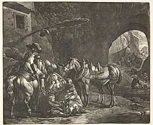 Rytter og en mor med to børn ved en kro by Jan van Huchtenburg