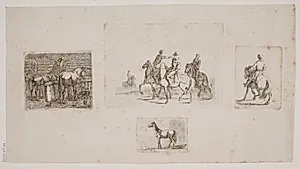 Ryttere og heste. Prøveblad med fire raderinger by Jørgen V. Sonne