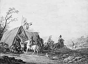 Ryttere ved to telte i kuperet terræn by F.C. van Bracht