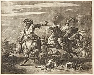 Rytterfægtning ved en borg by Jan van Huchtenburg