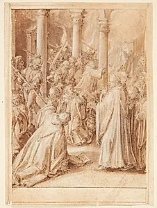 S. Giovanni Alberti Fiorentinos historie. De af bispen af Firenze udsendte soldater overfalder det kloster, hvori de tror, at Giovanni Alberti er(?) by Jan van der Straet