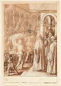 S. Giovanni Alberti Fiorentinos historie. Helgenen anklager på torvet biskopperne af Firenze for simoni(?) by Jan van der Straet