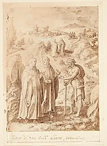S. Giovanni Alberti Fiorentinos historie. Helgenen og den ledsagende munk giver en tigger deres sidste brød by Jan van der Straet