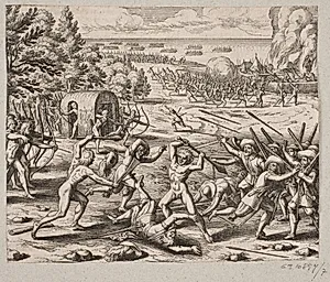 Så snart de ankom til de vildes boplads så hr. Sankt. John 300 karibiere by Matthäus Merian (I)