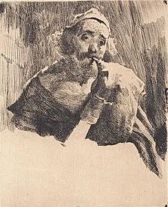 Sækkepibespillende gammel hyrde by Frans Schwartz