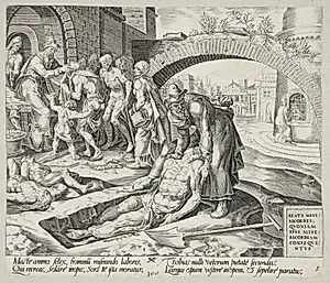Salige er de barmhjertige. Tobit begraver de døde, klæder de nøgne og føder de sultne by Harmen Jansz. Muller