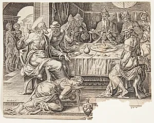Salige er de, der sulter og tørster efter retfærdighed. Frembærelsen i templet by Harmen Jansz. Muller