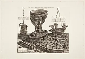 Samme marmoralter som i forrige blad, flankeret af to lamper by Giovanni Battista Piranesi