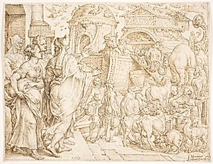 Sammen med sin familie og dyrene går Noa ind i arken by Maarten van Heemskerck