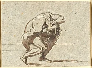 Sammenbøjet figur med venstre hånd i nakken by Nicolai Abildgaard