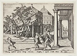 Samson lukkes ud af fængslet og ødelægger filisternes tempel by Philips Galle