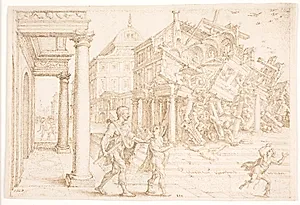 Samson ødelægger huset med filistrene by Maarten van Heemskerck