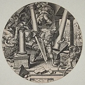 Samson ødeløgger filistrenes tempel by Philips Galle
