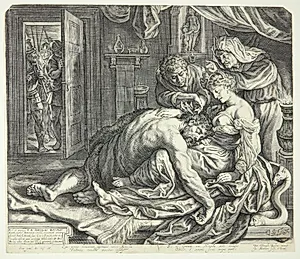 Samson sovende i Dalilas skød by Jacob Matham