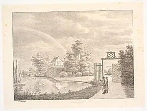 Sanderumgaards have med regnbue. I forgrunden to mænd ved en låge by J.F. Clemens