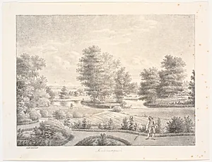 Sanderumgaards have med træbevokset ø. I forgrunden mand med rive by J.F. Clemens