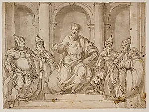 Sank. Markus siddende på en trone, omgivet af fire doger og en mand med en dogehat i hænderne by Antonio Aliense