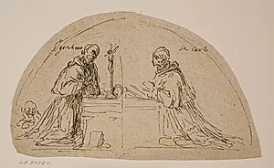 Sankt Hieronymus og Sankt Carlo Borromeo knælende ved et alter by Jacopo Palma (il Giovane)