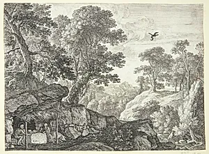 Sankt Paulus og Sankt Antonius ved indgangen til grotten by Herman van Swanevelt