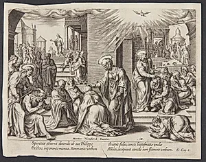 Sankt Peter, Sankt Johannes og Sankt Filip lægger hænderne på de døbte i Samaria by Philips Galle