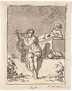 Sappho, siddende med sin lyre, i baggrunden hviler en hermafrodit by Nicolai Abildgaard