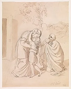 Sarah tager afsked med Isak, Abraham knælende by J.L. Lund