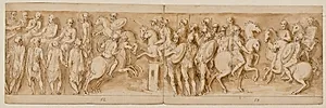 Sarmatere for det kejserlige råd; Marcus Aurelius og Pompejus på hesteryg, omgivet af vagter, betragter en rytterfægtning; budbringere fra den germanske adel by Giovanni Guerra