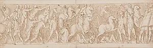 Sarmaterne jages ud i sumpen; romerne angriber en germansk(?) fæstning by Giovanni Guerra