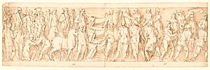 Sarmaterne overgiver sig; germanere føres over Donau; sarmaterne klager over germanerne til Marcus Aurelius; begyndelsen af en henrettelsesscene by Giovanni Guerra