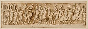 Sarmatiske ledere tages til fange af romerne under et overraskelsesangreb, og der sættes ild på deres huse; legionærer og kejseren ankommer by Giovanni Guerra