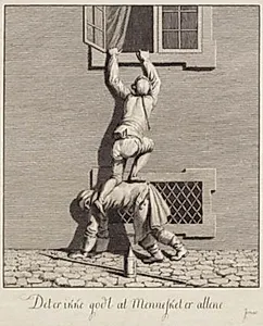 Satirisk blad. "Det er ikke godt at Mennesket er allene" by J.F. Clemens