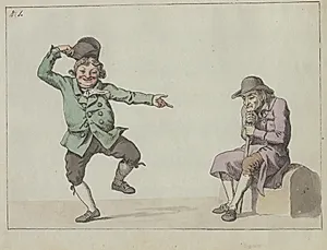 Satirisk blad; en mand hopper og ler, mens han peger på en siddende gammel mand by C.W. Eckersberg