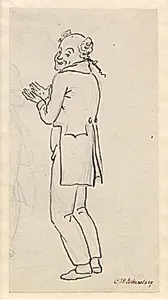 Satirisk blad; en smilende mand, set fra siden, med begge hænder op foran brystet, samt del af et let blyant rids [afskåret] by C.W. Eckersberg