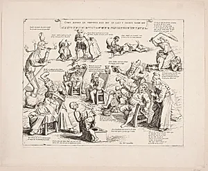 Satirisk blad med dårer og kvaksalvere (Comt mannen en vrouwen alle bey en laet u snyden vande key)