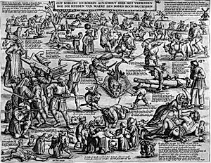 Satirisk blad med mennesker, der opfører sig upassende (Ghy borgers en boeren aenschout hier met verblyden hoe die helden van waert een doden roch bestryden)