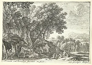 Satyrer rundt om et bål i en grotte by Herman van Swanevelt